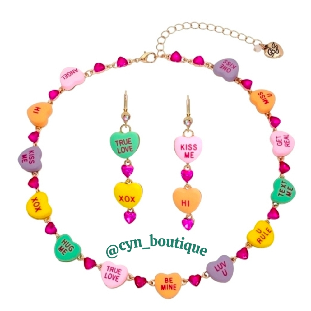 💕▪️Betsey Johnson▪️ Think Pink Candy Multicolor Heart Charm Necklace +Earring